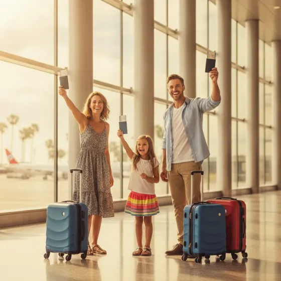 A happy family with their tickets at the airport
